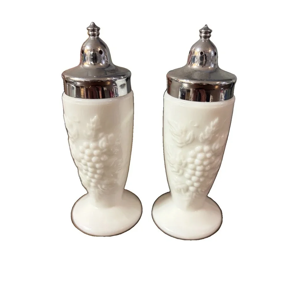 Vintage Imperial Milk Glass Grape Salt Pepper Shakers Chrome Lids Footed 5